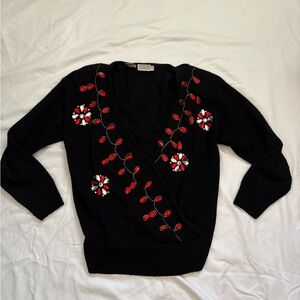 Holiday vintage Black Sweater with Red Floral Embroidery